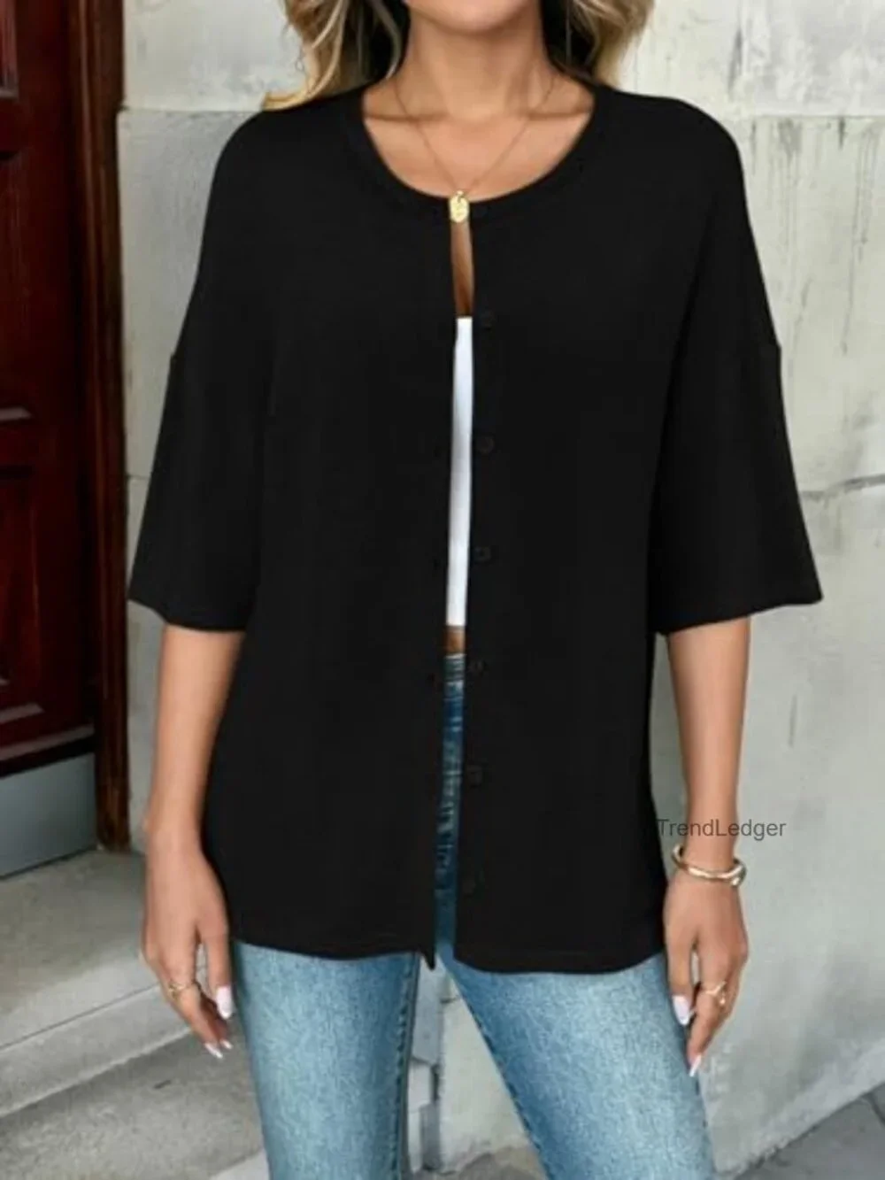 Oversized Short Sleeve Button Down Cardigan Crew Neck Knit Top Summer - Picture 5 of 6